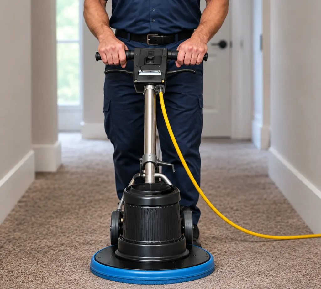 Cleaning services Springfield MO: Butler technician running a rotary bonnet machine down a hallway carpet