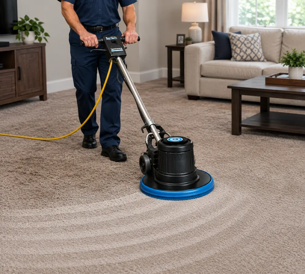 Carpet cleaning Nixa MO: technician running a rotary bonnet machine on a family room carpet