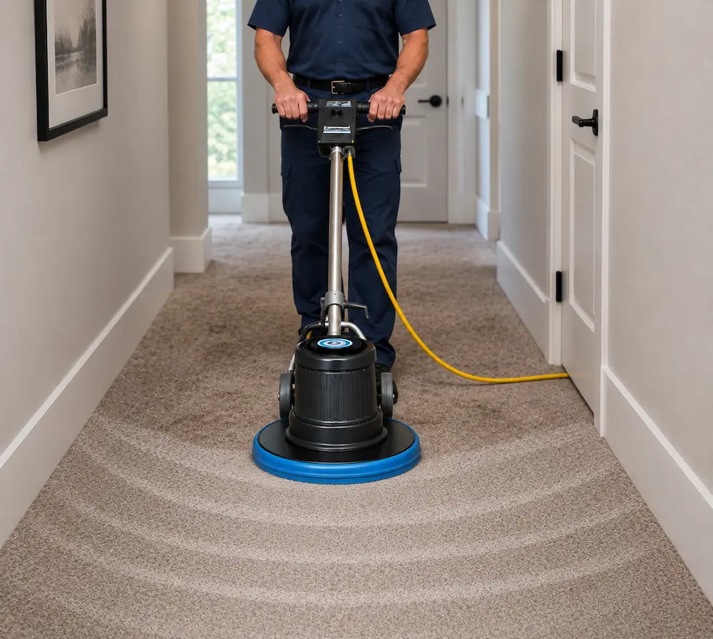 Carpet cleaning Ozark MO: technician running a rotary bonnet machine down a hallway carpet