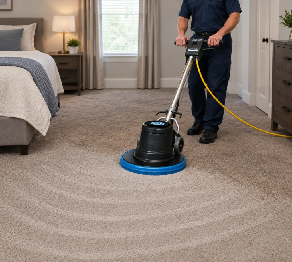 Carpet cleaning Republic MO: technician running a rotary bonnet machine on a bedroom carpet