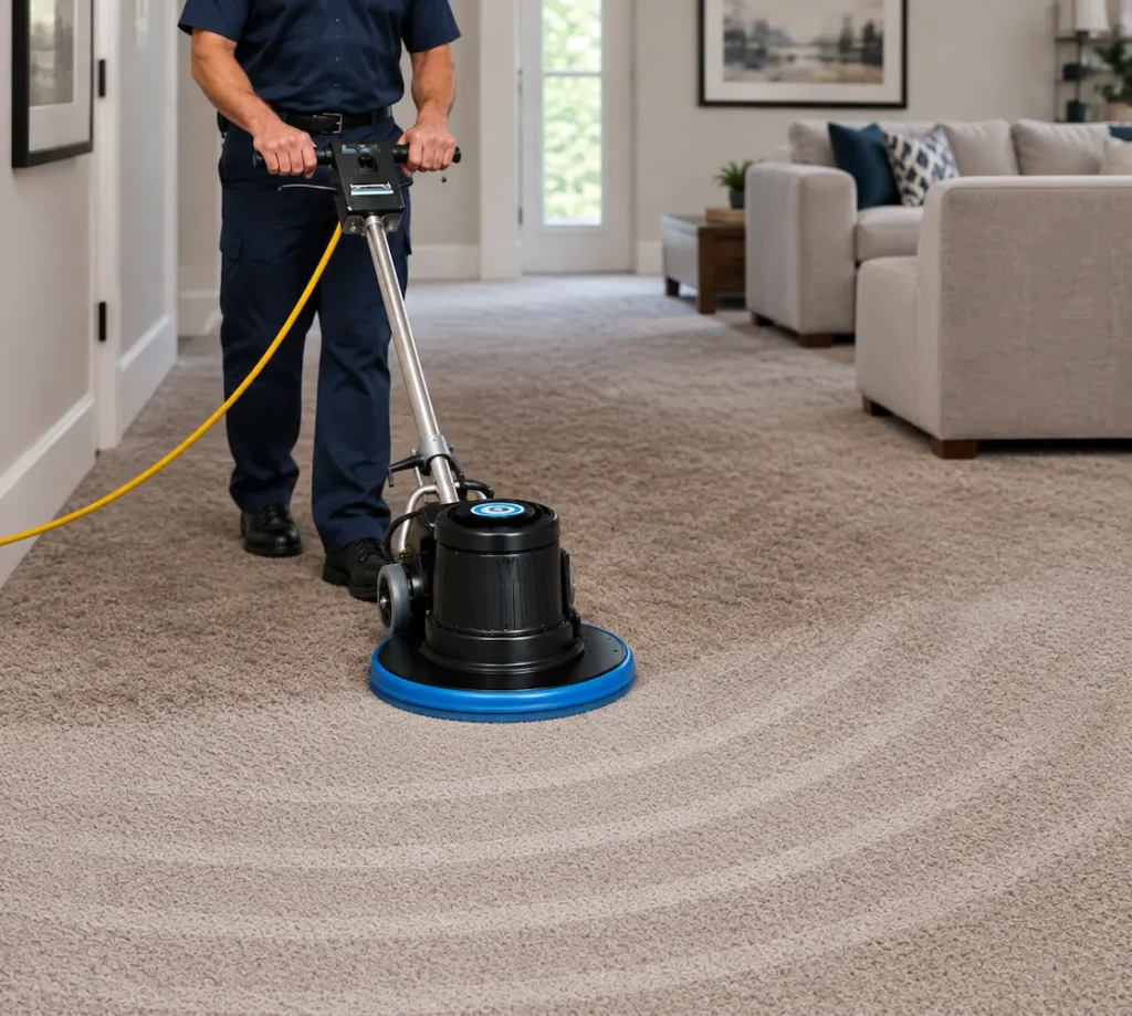 Carpet cleaning Springfield MO: technician running a rotary bonnet machine on a living room carpet