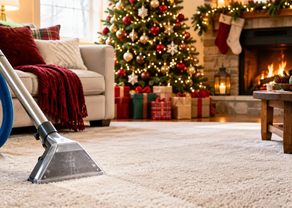 Holiday carpet cleaning: living room with a Christmas tree and freshly cleaned carpet